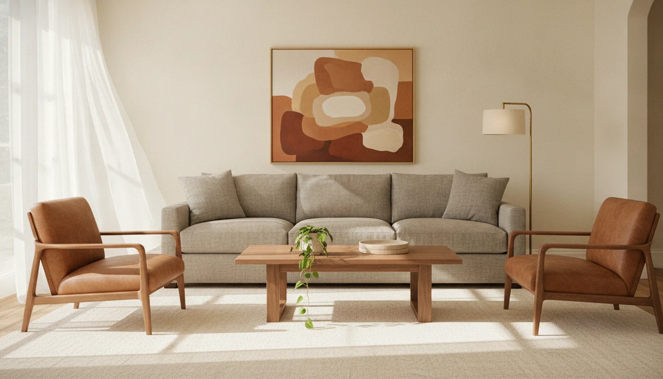 A photoreal AI-rendered living room at midday with a warm gray linen-weave sofa against a pale wall, two caramel leather accent chairs placed at 45-degree angles to the sofa on a cream wool area rug, the chairs scaled to the sofa with a low walnut coffee table in the center, a floor lamp with a warm beige shade between the chairs, a large abstract canvas above the sofa, a trailing pothos on the coffee table, soft natural light streaming through sheer white curtains — illustrating how to pair accent chairs with a sofa.