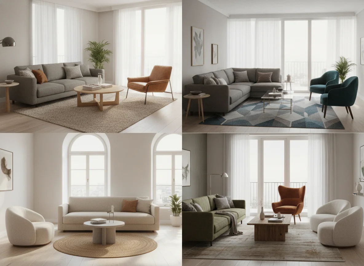 A clean editorial 4-up grid showing four AI-rendered accent chair angles — top-left a caramel leather accent chair at 45 degrees to a warm gray sofa, top-right two matching blue velvet chairs opposite a sofa, bottom-left a single bouclé chair facing the sofa's end, bottom-right a mismatched set of two different accent chairs, one dark teal and one cream — illustrating accent chair pairing placements and arrangements.