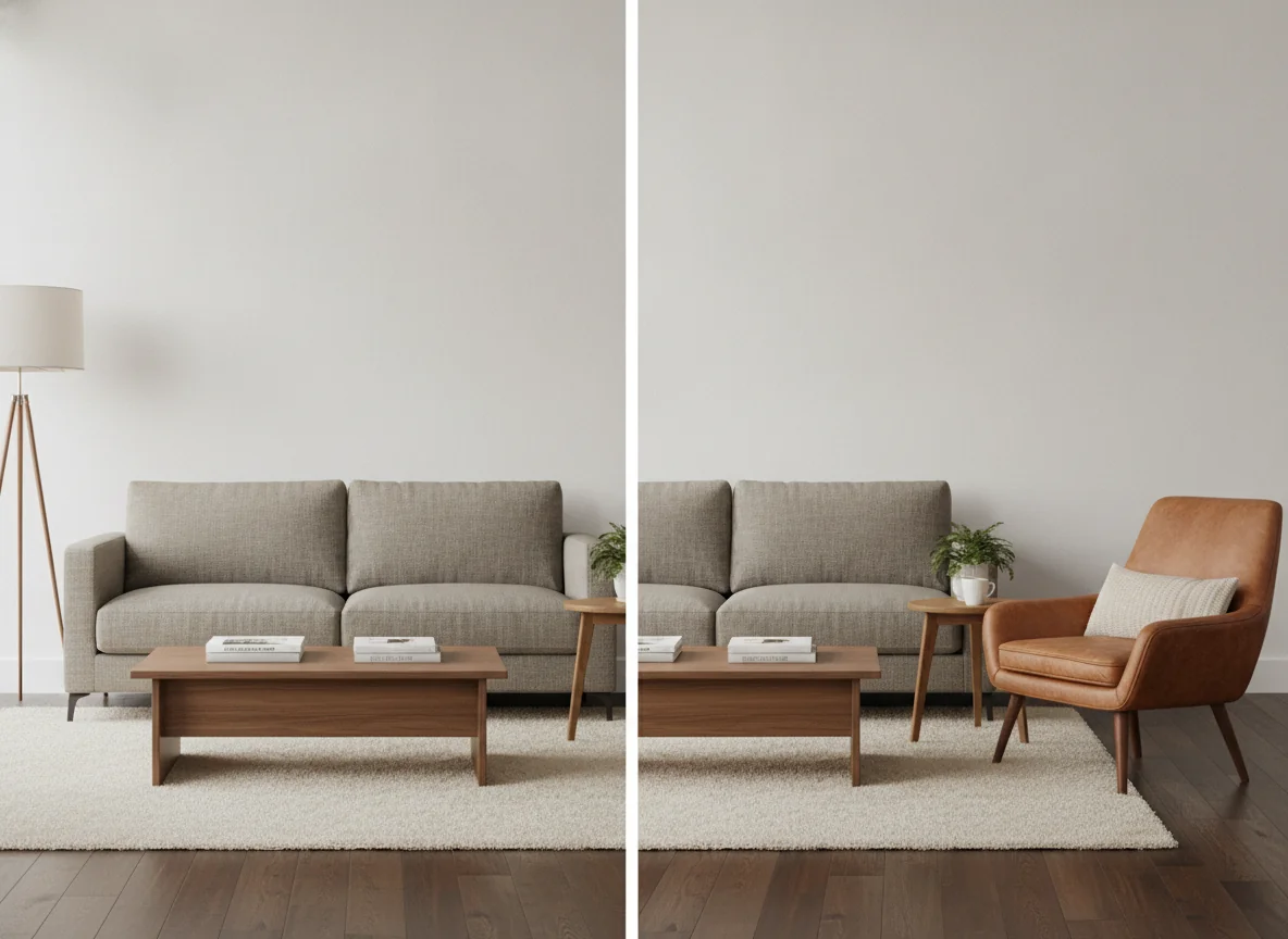 A split-screen editorial comparison showing the AI accent chair preview workflow — left side a photo of a living room with a warm gray sofa against a wall, a coffee table, a rug, and an empty space beside the sofa, right side the same room after an AI render showing a caramel leather accent chair placed at 45 degrees to the sofa with a floor lamp beside it, the chair scaled correctly to the sofa and the room, a small side table between the chair and the sofa — illustrating how AI lets you preview accent chair pairings in your actual room before buying.