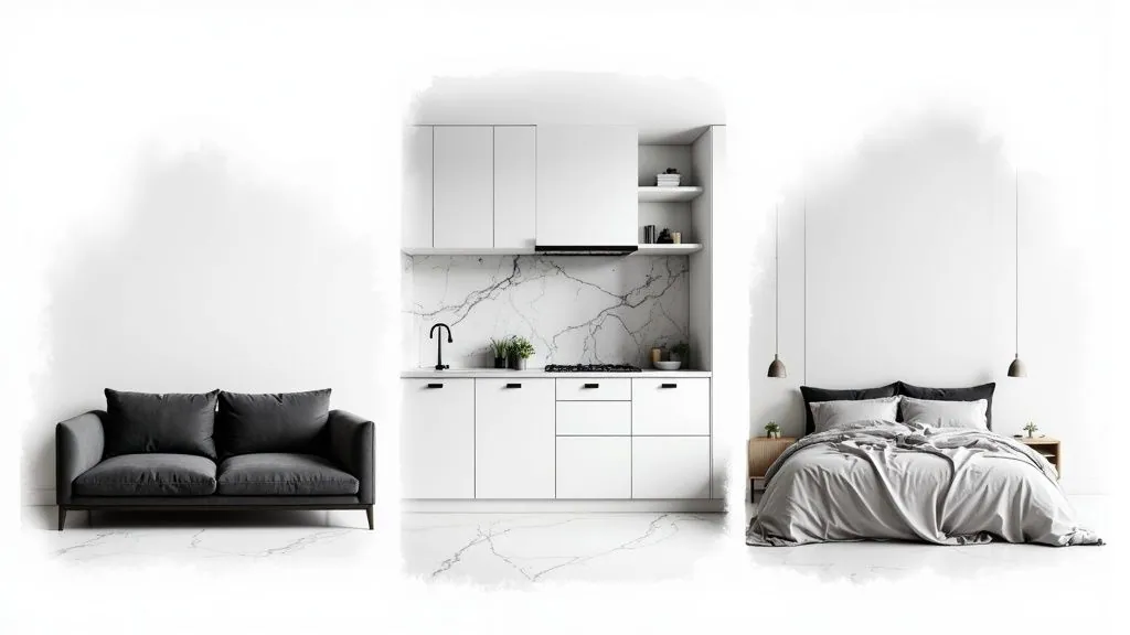 Modern home interiors featuring a gray sofa, white kitchen with marble, and a minimalist bedroom.