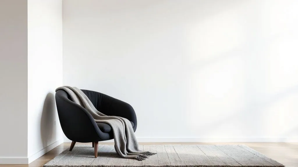 A minimalist room featuring a dark grey armchair with a light grey throw blanket on a rug.