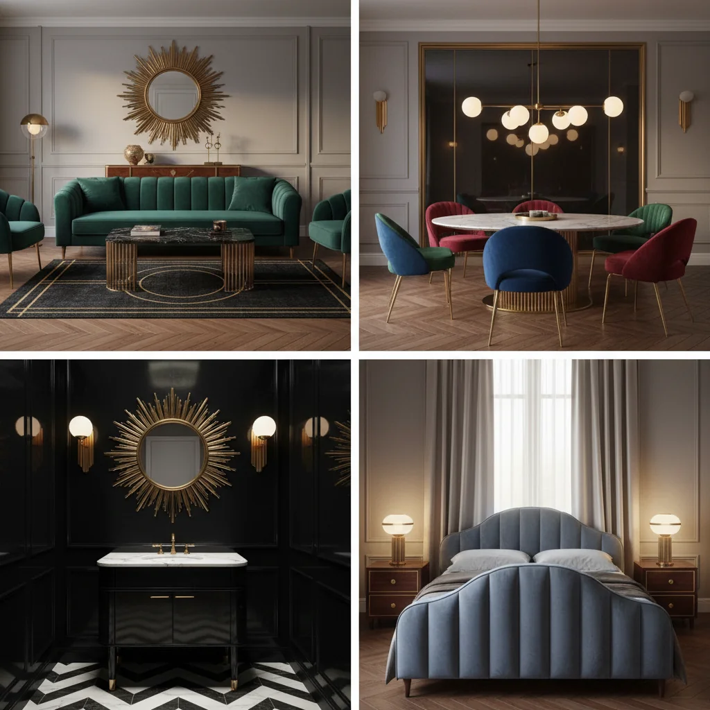 A clean 4-up editorial grid showing four AI-rendered Art Deco rooms side-by-side — top-left a dramatic living room with a deep-emerald channel-tufted velvet sofa, a black marble coffee table on fluted brass legs, a brass sunburst mirror over a lacquered console, and a chevron-parquet floor under a black-and-gold geometric rug; top-right a glamorous dining room with a marble-and-brass dining table, low-back jewel-tone velvet chairs, and a cluster of frosted-glass pendant lights hanging low over the table; bottom-left a jewel-box powder room with black lacquered walls, a chevron black-and-white marble floor, a brass sunburst mirror flanked by fluted brass sconces, and a black lacquer vanity with a polished marble top; bottom-right a restful bedroom with a curved-headboard channel-tufted silk velvet bed in muted sapphire, Macassar ebony nightstands with brass pulls, and heavy silk drapery — illustrating Art Deco by room.