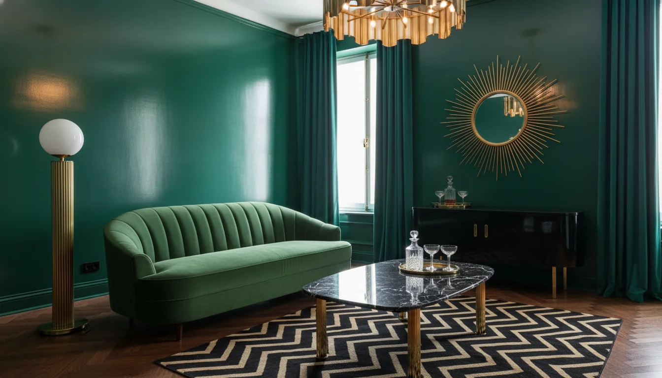 A photoreal AI-rendered Art Deco living room with deep emerald lacquered walls, a curved low-back sofa in bottle-green silk velvet with channel tufting, a black marble coffee table with a brass sunburst inlay, a fluted brass floor lamp with a frosted glass globe, a chevron parquet floor in dark walnut, a black-and-gold zigzag area rug, a tall brass sunburst mirror over a black lacquered console, and dramatic warm light from a fluted brass chandelier — illustrating an AI Art Deco interior design generated from a single phone photo.
