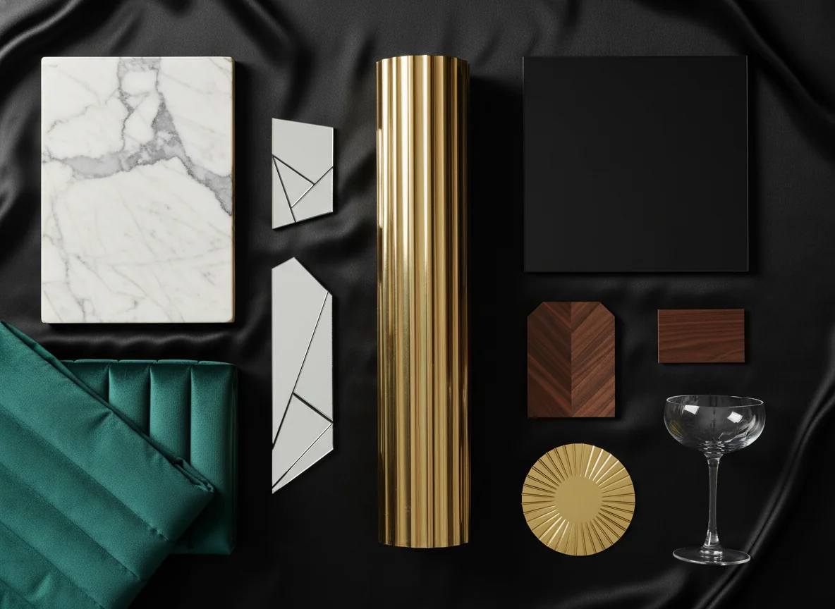 A clean editorial flat-lay showing the Art Deco material kit laid out on a black silk background — a polished brass fluted column section, a slab of Calacatta marble with bold gray veining, a sample of deep-emerald silk velvet with channel-tufted stitching, a fragment of beveled mirrored glass, a square of black high-gloss lacquer, a chevron-parquet sample in dark walnut, a small Macassar ebony veneer offcut with prominent figured grain, a brass sunburst medallion, and a single coupe glass — illustrating the disciplined material vocabulary that defines Art Deco interior design.