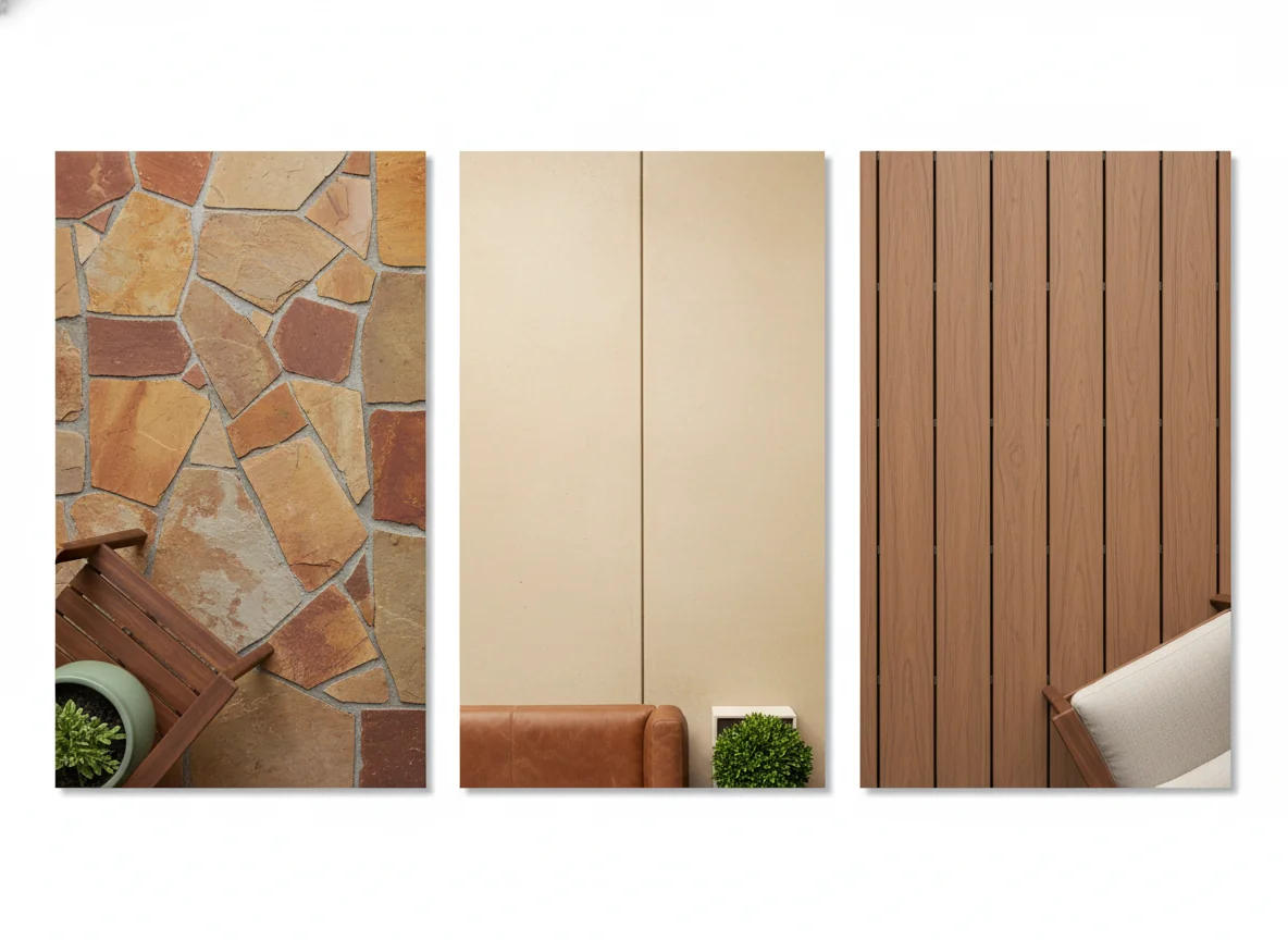 A clean editorial close-up grid of three backyard hardscape material samples side by side on a pure white studio background — left, warm-toned irregular flagstone with soft gray mortar joints next to a walnut teak chair leg and a sage ceramic planter; center, poured concrete in a warm pale ivory tone with a clean expansion joint, with a cognac leather outdoor sofa cushion and a small boxwood planter at the edge; right, warm-walnut composite decking with subtle wood-grain texture and tight gaps, with an oatmeal linen-cushioned slatted chair entering the frame — illustrating the three most-rendered hardscape choices for AI backyard design.