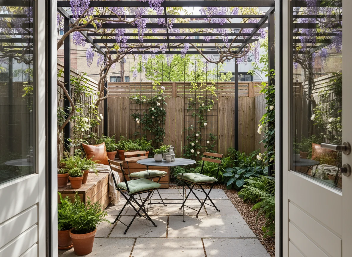 A photoreal AI-rendered small urban backyard, roughly 20 by 30 feet, viewed from a kitchen doorway — a compact pale-flagstone patio in the foreground with a single small round bistro table in matte black steel and two slatted-walnut chairs with sage cushions, a black-framed steel pergola overhead with climbing wisteria threading through the slats, a tall slim-trellised privacy screen at the back covered in ivy and small white climbing roses softening a 6-foot wood fence, a built-in cedar bench along one side that doubles as a planter and storage box holding a row of terracotta pots with ferns and Japanese forest grass, a narrow gravel shade garden along the opposite side with hostas and hellebores, and warm late-afternoon light — illustrating an AI-rendered small urban backyard that leans on vertical structure, built-in seating, and a single integrated zone.