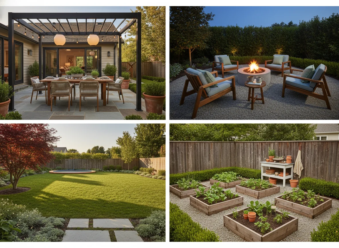 A clean 4-up editorial grid showing the same suburban backyard rendered four ways, each highlighting a different zone — top-left a generous flagstone dining patio under a black-framed steel pergola with a six-seat teak table, two warm pendant lights, and string lights running to the house; top-right a sunken gravel fire-pit lounge with a circular concrete fire bowl, four low slatted-wood Adirondack-style chairs, a small side table holding two stoneware mugs, and warm dusk light; bottom-left a wide unbroken family lawn with a low cedar trampoline edge in the back corner, a flagstone path tracing the perimeter, and a single ornamental tree casting afternoon shadow; bottom-right a productive garden zone with four cedar raised vegetable beds in a grid, gravel paths between them, a small white potting bench against the fence, and a low boxwood hedge framing the area — illustrating dining, fire, play, and garden zones in AI backyard design.