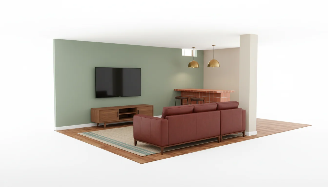 Photoreal basement rec room with a deep cognac sectional, walnut media console, sage accent wall, and warm pendant lighting isolated on a pure white studio background