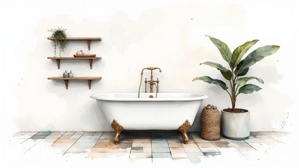 A minimalist AI-generated bathroom design featuring clean lines, a floating vanity, and natural light.
