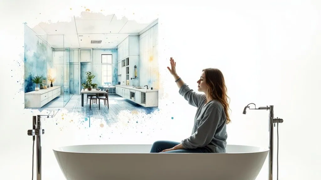 A modern, luxurious bathroom with a freestanding tub and large window, showcasing an AI-generated design.