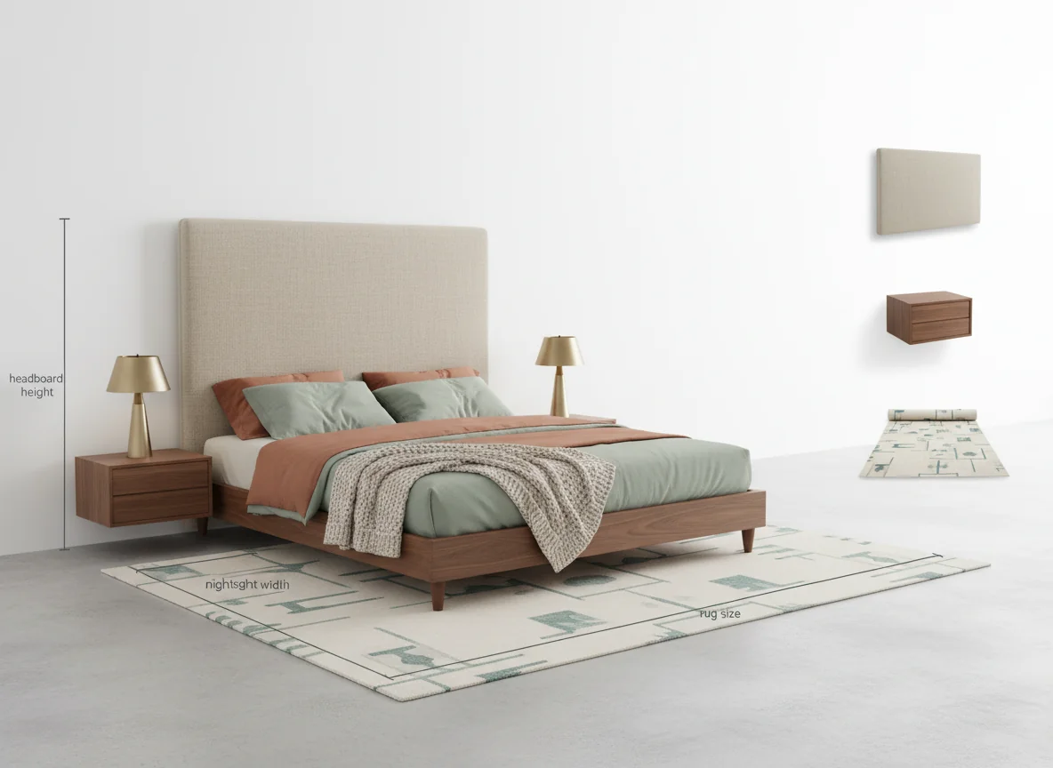 AI-rendered bedroom with clean dimension markers for the headboard, nightstand, and rug next to three shoppable product thumbnails on a pure white background