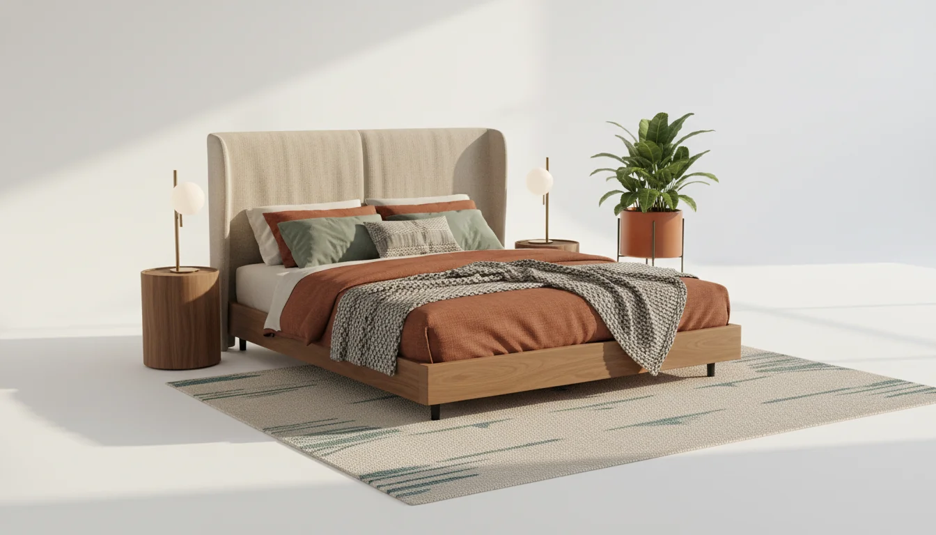 Modern bedroom with a walnut platform bed, tall oatmeal linen headboard, terracotta and sage bedding, and a cream-and-teal rug isolated on a pure white studio background