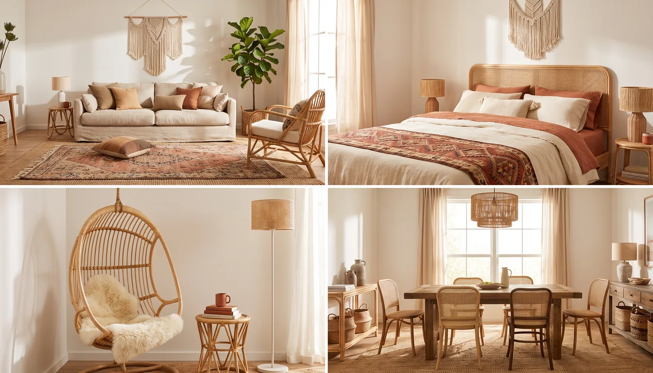 A clean 4-up editorial grid showing four AI-rendered boho rooms side-by-side — top-left a layered living room with a low oatmeal linen sofa piled with mixed earth-tone cushions, a vintage Moroccan rug over jute, a rattan armchair, a tall fiddle-leaf fig, and a macramé wall hanging behind the sofa; top-right a warm bedroom with a rattan headboard bed dressed in layered linen in cream and terracotta, a kilim runner at the foot of the bed, woven bedside lamps, and a macramé hanging above the headboard; bottom-left a snug reading nook with a hanging rattan egg chair, a sheepskin throw, a small rattan side table holding a book stack and a terracotta mug, a woven-shade floor lamp, and a hanging pothos; bottom-right a warm dining room with a reclaimed wood table, mismatched cane-back chairs, a low rattan chandelier, a jute rug underneath, and a sideboard of curated stoneware and woven baskets — illustrating boho by room.