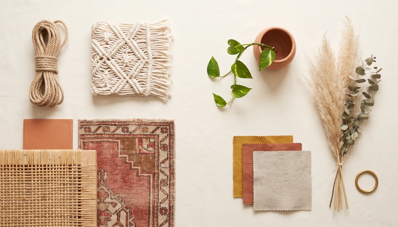 A clean editorial flat-lay showing the boho material kit laid out on a warm cream linen background — a coiled length of natural undyed jute rope, a small folded macramé sample in cream cotton, a square of terracotta tile, a slab of woven rattan, a vintage Moroccan rug fragment in muted reds and rusts, a small hand-thrown terracotta planter holding a single trailing pothos cutting, a stack of three earth-tone cushion swatches in mustard, terracotta, and oatmeal, a tied bundle of pampas grass and dried eucalyptus, and a single brass ring — illustrating the warm, natural-fiber material vocabulary that defines boho interior design.