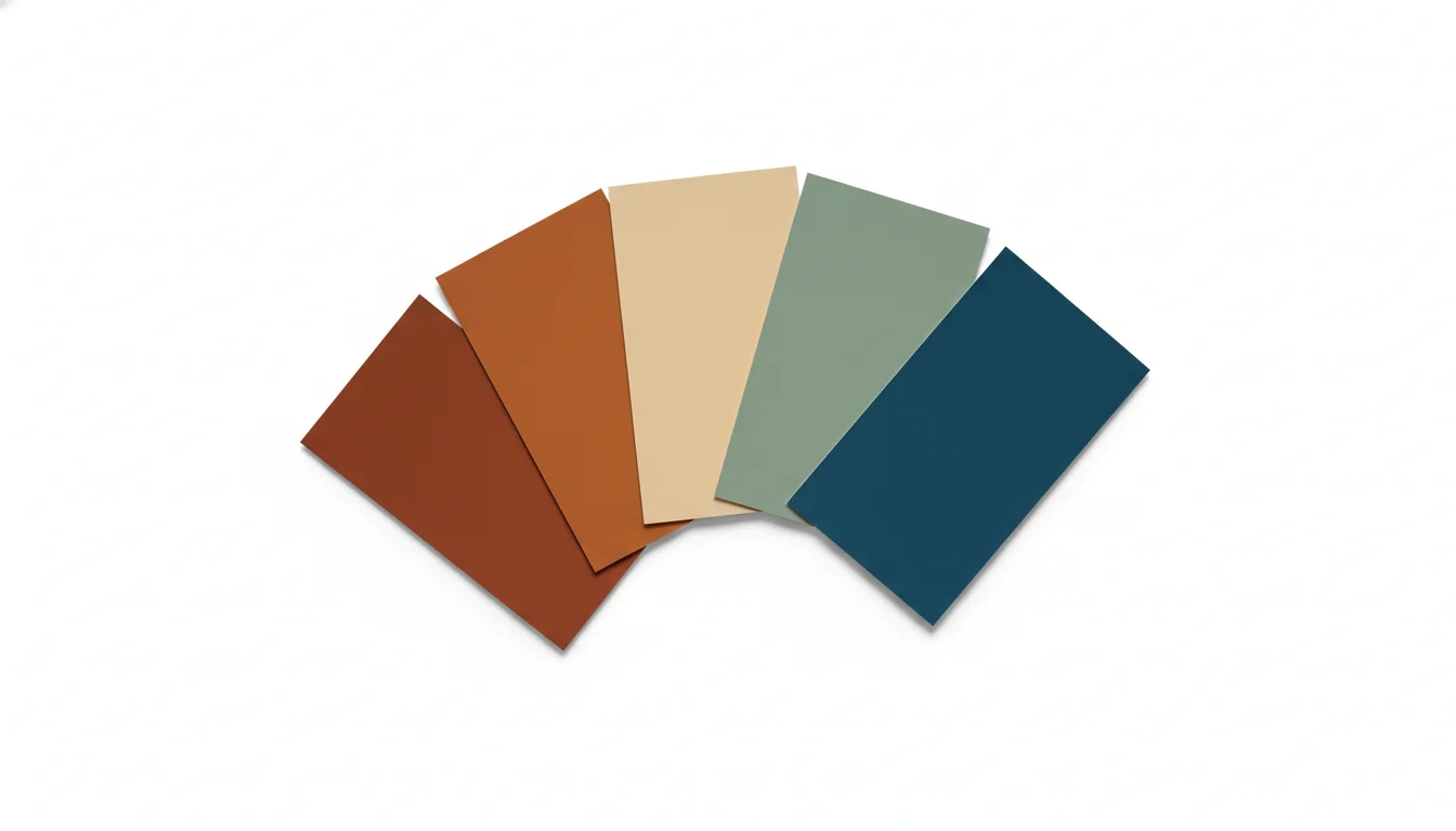 A fan of premium paint chip cards in terracotta, burnt sienna, warm oatmeal, dusty sage, and cool cerulean — the kind of curated palette an AI color palette generator builds from a single room photo.