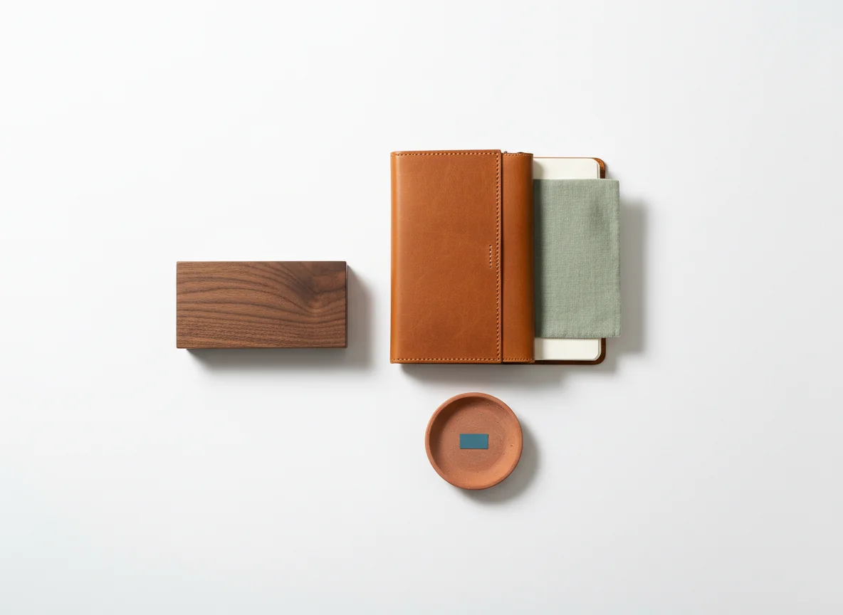 A small styled vignette of a cognac leather notebook with a sage linen swatch, a walnut wood sample, a terracotta ceramic dish, and a cool cerulean paint chip — showing how an AI color palette generator extracts a curated material palette from a single room photo.