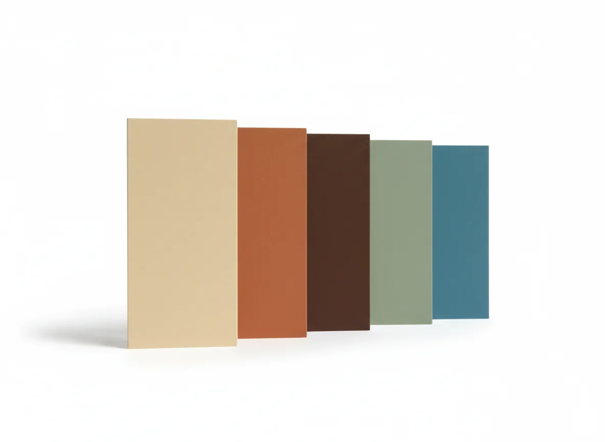 A horizontal row of five tall paint chip cards leaning against an invisible support — warm oatmeal as the dominant neutral on the left, with terracotta, walnut, sage, and a single cool cerulean accent cascading to the right.