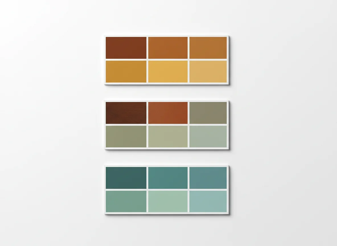 Three palette swatches stacked vertically — a warm-biased palette of burnt sienna, mustard, and warm oatmeal at top; a balanced palette of walnut, cognac leather, and dusty sage in the middle; a cool-biased palette of muted teal, pale seafoam, and dusty turquoise at the bottom — illustrating how an AI color palette generator sets a temperature bias.