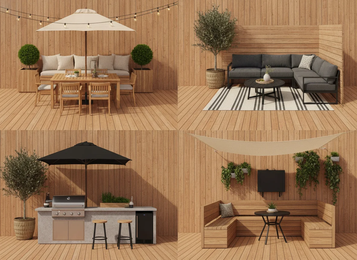 A clean 4-up editorial grid showing four AI-rendered deck layout configurations on a warm Ipe hardwood surface — top-left a dining-first deck with a teak table for six under a cream cantilevered umbrella and a built-in bench along the railing, top-right a lounge-first deck with a deep L-sectional in charcoal Sunbrella around a round black coffee table, bottom-left a grill-and-bar deck with a stainless steel built-in grill and bar overhang, bottom-right a small deck under 200 square feet with a continuous teak bench along two sides and a compact bistro table — illustrating the four deck zone configurations for AI deck design.