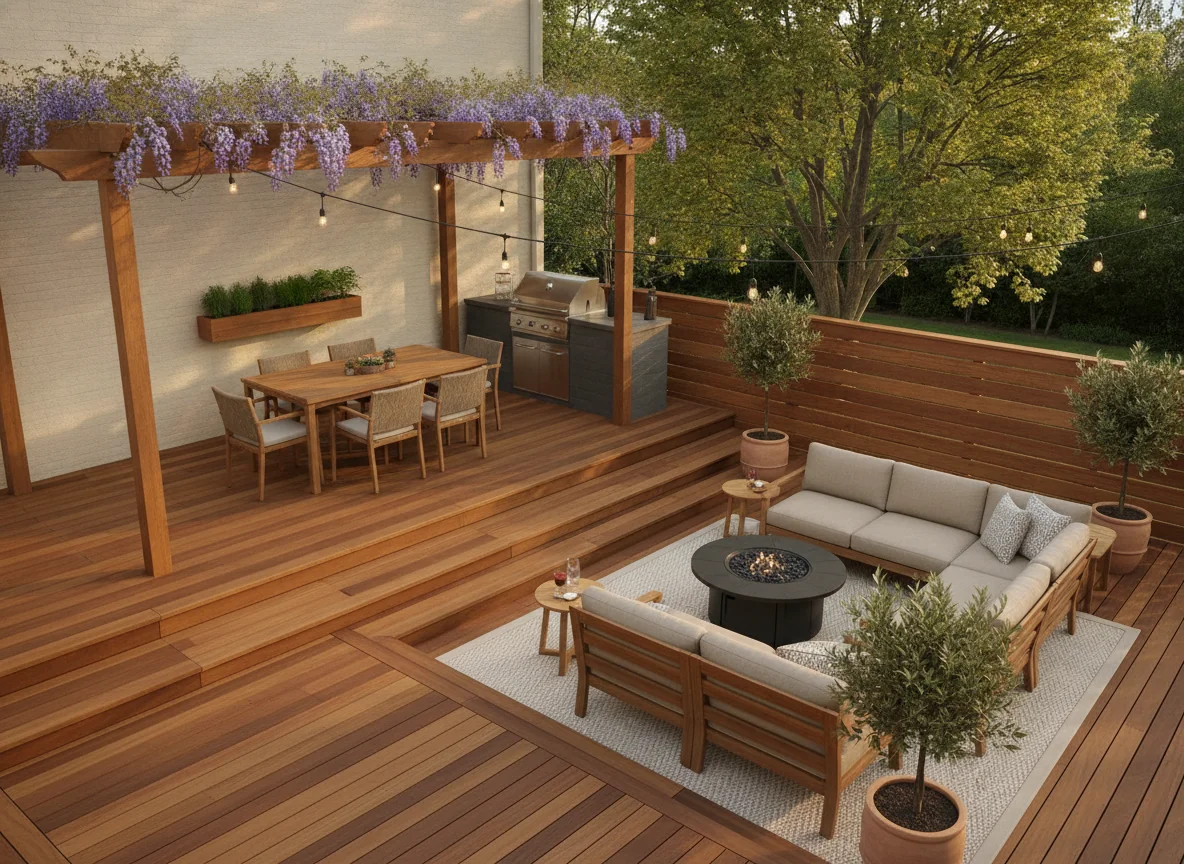 A photoreal AI-rendered split-level residential deck at late afternoon golden hour shown from an elevated angle — upper level with a dining zone featuring a teak table for six under a cedar pergola with climbing wisteria and a stainless steel grill built into a counter along the house wall, three wide treads stepping down to a lower level with a sunken lounge zone featuring a modular outdoor sofa in oatmeal Sunbrella around a round black fire pit table, bistro string lights across both levels, a privacy screen of horizontal cedar slats along the far edge, a large terracotta urn with an olive topiary on the landing — illustrating a multi-level deck layout for AI deck design.