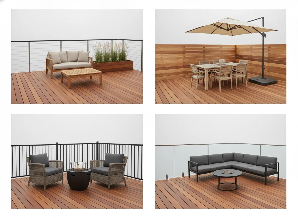 A clean 4-up editorial grid showing the same residential deck rendered with four different railing styles on a warm Ipe hardwood surface — top-left modern cable rail with stainless steel cables and a dark top cap, top-right horizontal cedar slat rail in warm natural tone with a dining table under a cream umbrella, bottom-left black aluminum baluster rail with wide-spaced square balusters and a fire pit lounge area, bottom-right frameless glass panel rail with clear panels and a continuous black top cap with a modern L-sectional in charcoal — illustrating the railing profile options for AI deck design.