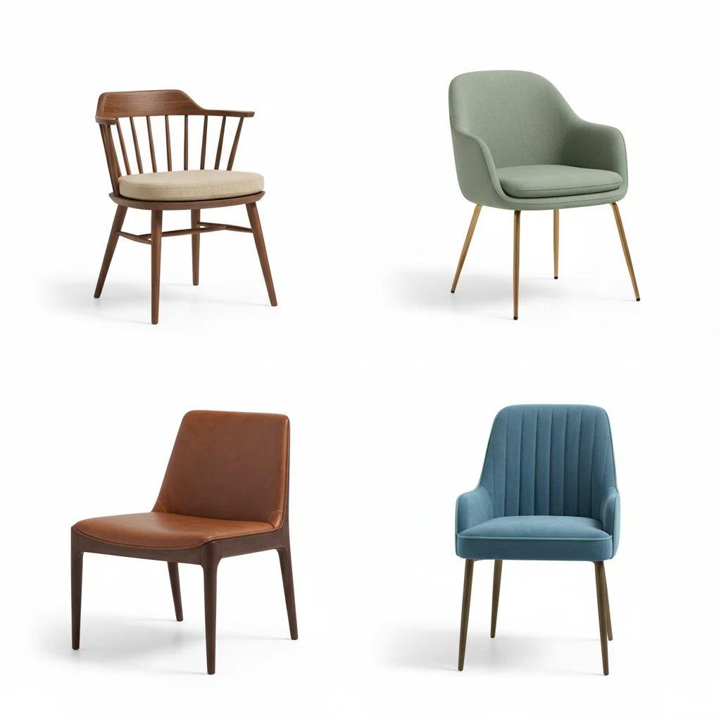 Editorial 2x2 grid of dining chairs — walnut Windsor spindle, sage upholstered curve-back, cognac leather low-back, cool cerulean velvet channel-tufted — isolated on a pure white studio background
