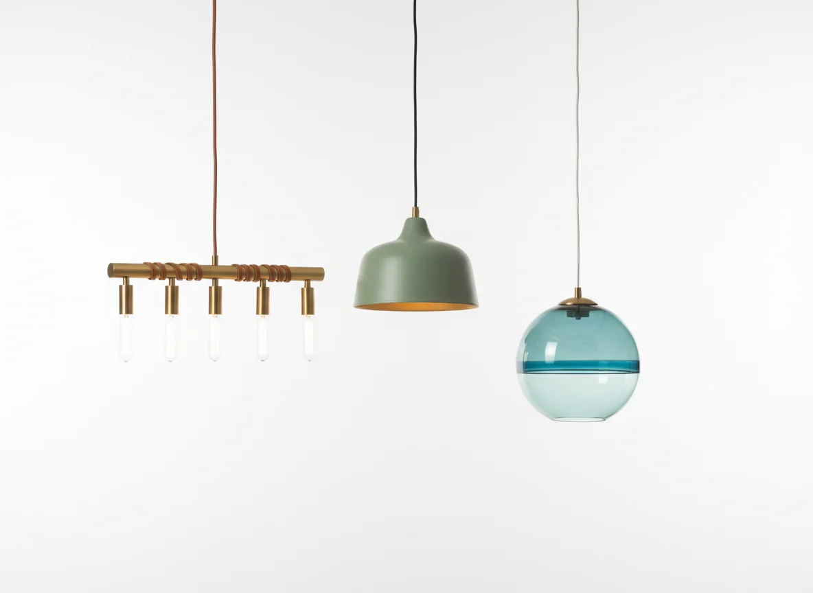 Three sculptural dining pendants — brass linear, sage ceramic bell, and dusty turquoise glass globe — isolated on a pure white studio background