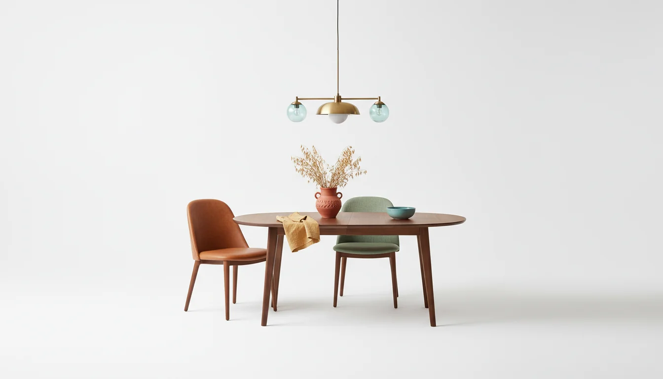Editorial dining vignette with a walnut oval table, cognac leather and sage dining chairs, terracotta vase, warm oatmeal runner, and a brass-and-cerulean pendant, isolated on a pure white studio background