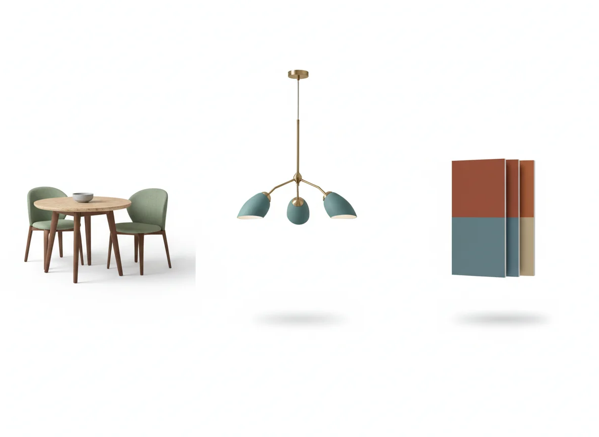 Editorial catalog triptych of the three dining room variables — walnut table, brass-and-turquoise pendant, and a stack of wall color swatches — isolated on a pure white studio background