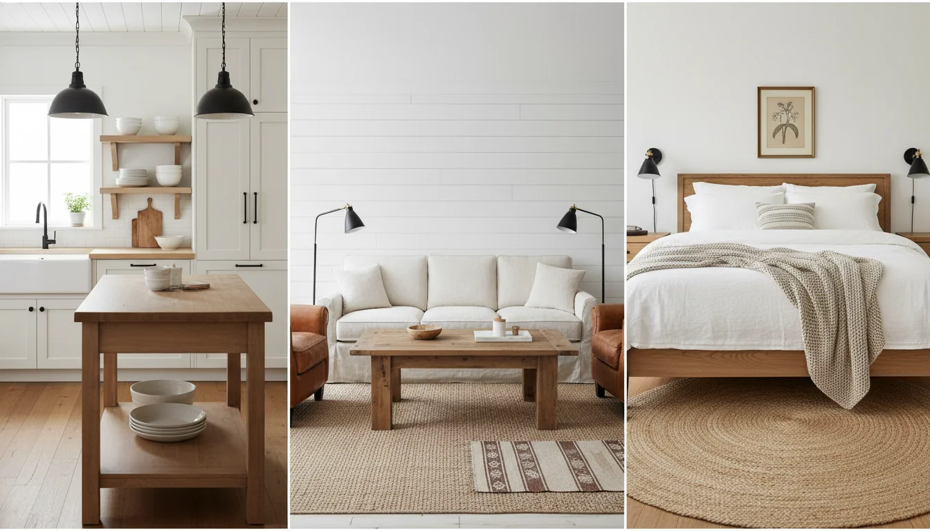A clean 3-up editorial grid showing three AI-rendered modern-farmhouse rooms side-by-side — left a kitchen with warm-white shaker cabinetry, fireclay apron sink, matte-black cabinet pulls, butcher-block island with two matte-black schoolhouse pendants overhead, open pale-oak shelving holding white ironstone and a wood cutting board, and a small herb pot on the sill; middle a living room with a deep-seated cream linen slipcovered sofa with washed and slightly mussed slipcover, a substantial reclaimed-oak coffee table, a pair of tobacco-leather club chairs, matte-black floor lamps, a jute rug layered with a smaller hand-knotted wool runner, and a single painted shiplap accent wall behind the sofa; right a bedroom with a substantial wood-framed platform bed in mid-tone oak, layered white and cream linen bedding with a chunky knit throw at the foot, matching low-profile nightstands, matte-black sconces above the nightstands, a jute rug under the bed, and a single framed vintage botanical print over the headboard — illustrating modern farmhouse by room.