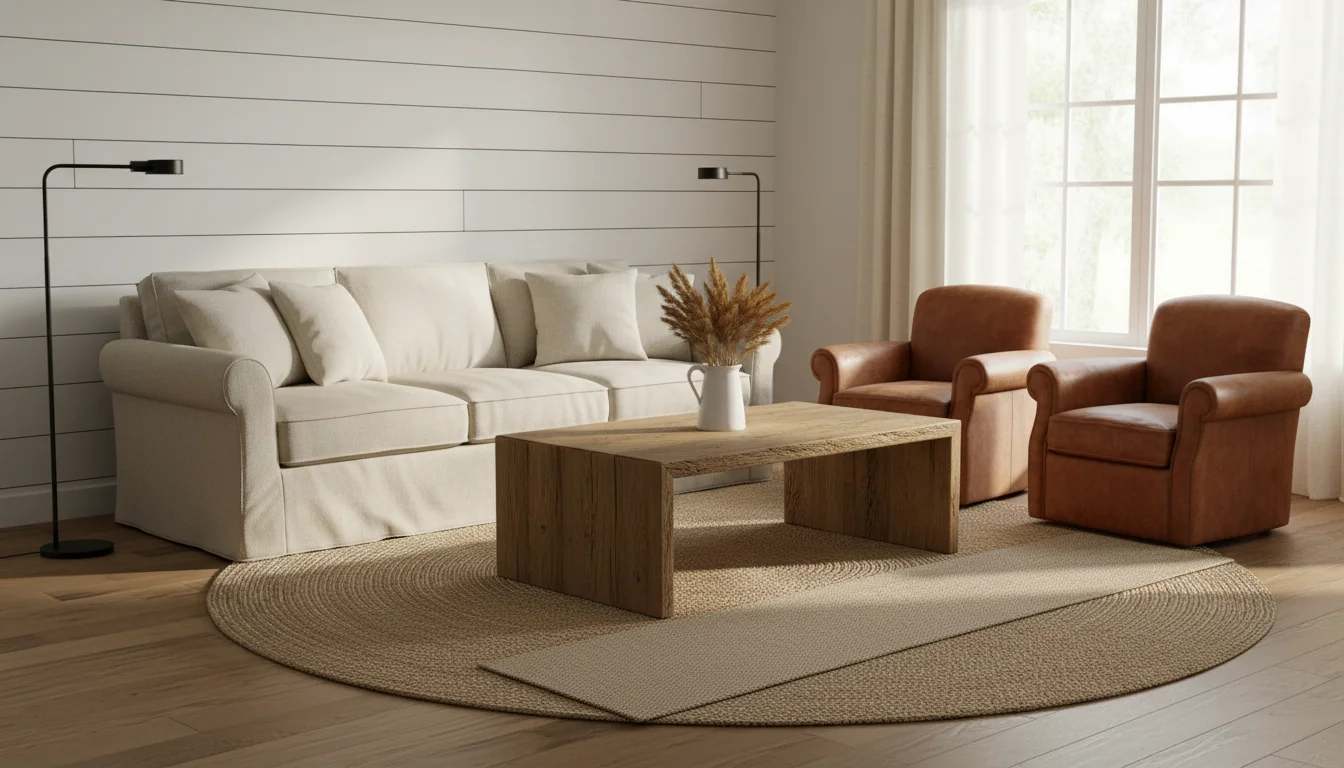 A photoreal AI-rendered modern farmhouse living room with a single painted shiplap accent wall behind a deep-seated cream linen slipcovered sofa with washed and slightly mussed slipcover, a substantial reclaimed-oak coffee table with visible saw marks and tone variation, a pair of tobacco-leather club chairs, matte-black floor lamps flanking the seating, a jute rug layered with a smaller hand-knotted wool runner, wide-plank mid-tone oak flooring, floor-length cream linen curtains over a tall picture window, a single ceramic pitcher with dried wheat on the coffee table, and warm afternoon light — illustrating an AI farmhouse interior design generated from a single phone photo.