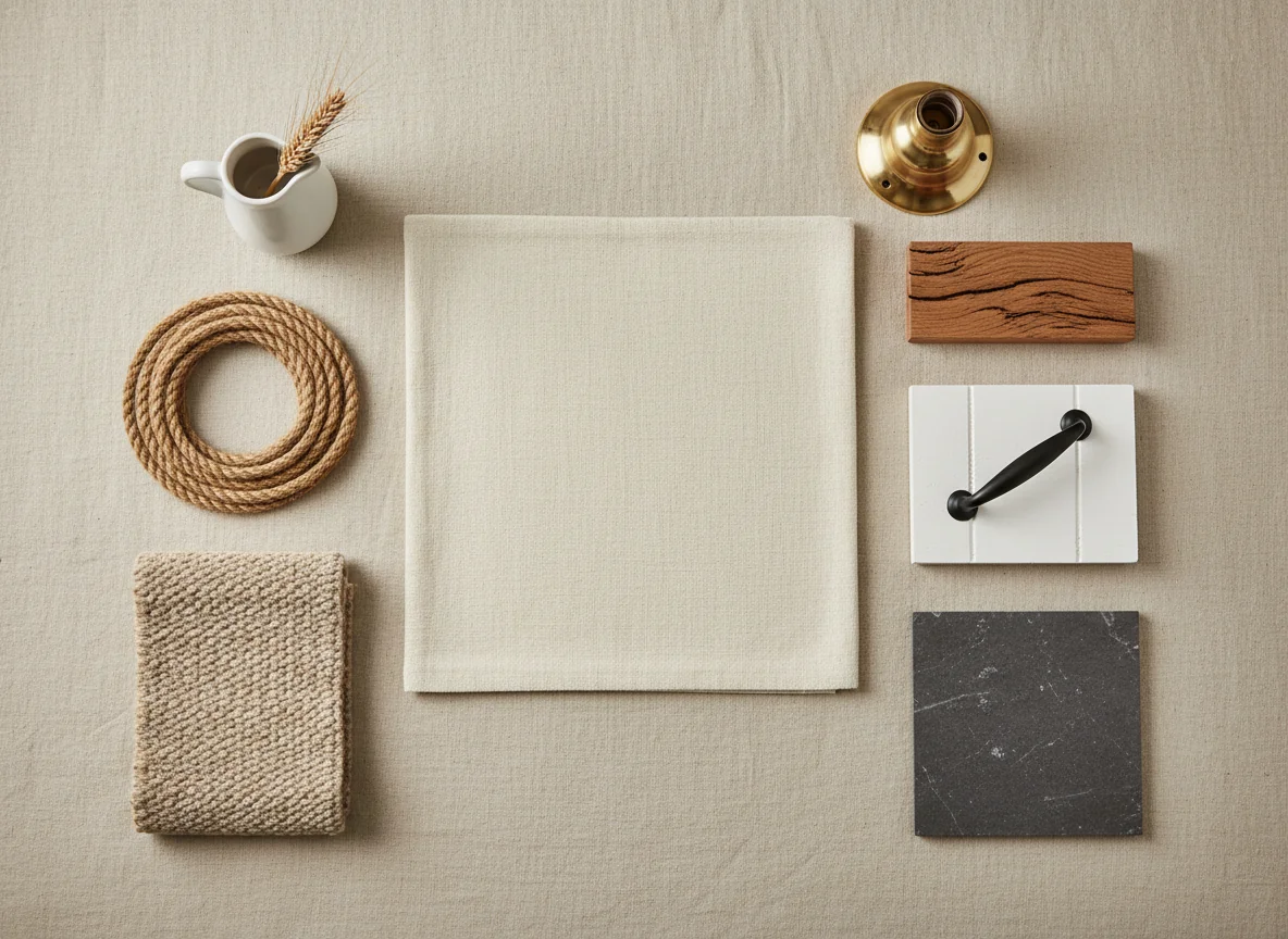 A clean editorial flat-lay showing the modern-farmhouse material kit on a warm cream linen background — a square of washed and slightly slubbed cream linen slipcover fabric, a small slab of reclaimed oak with visible saw marks and irregular grain, a piece of painted-white shiplap board, a matte-black cabinet pull, an aged-brass schoolhouse pendant socket, a coiled length of natural jute rope, a folded oatmeal hand-knotted wool runner sample, a small white ironstone pitcher with a single sprig of dried wheat, and a honed soapstone tile — illustrating the restrained material vocabulary that defines modern farmhouse interior design in 2026.