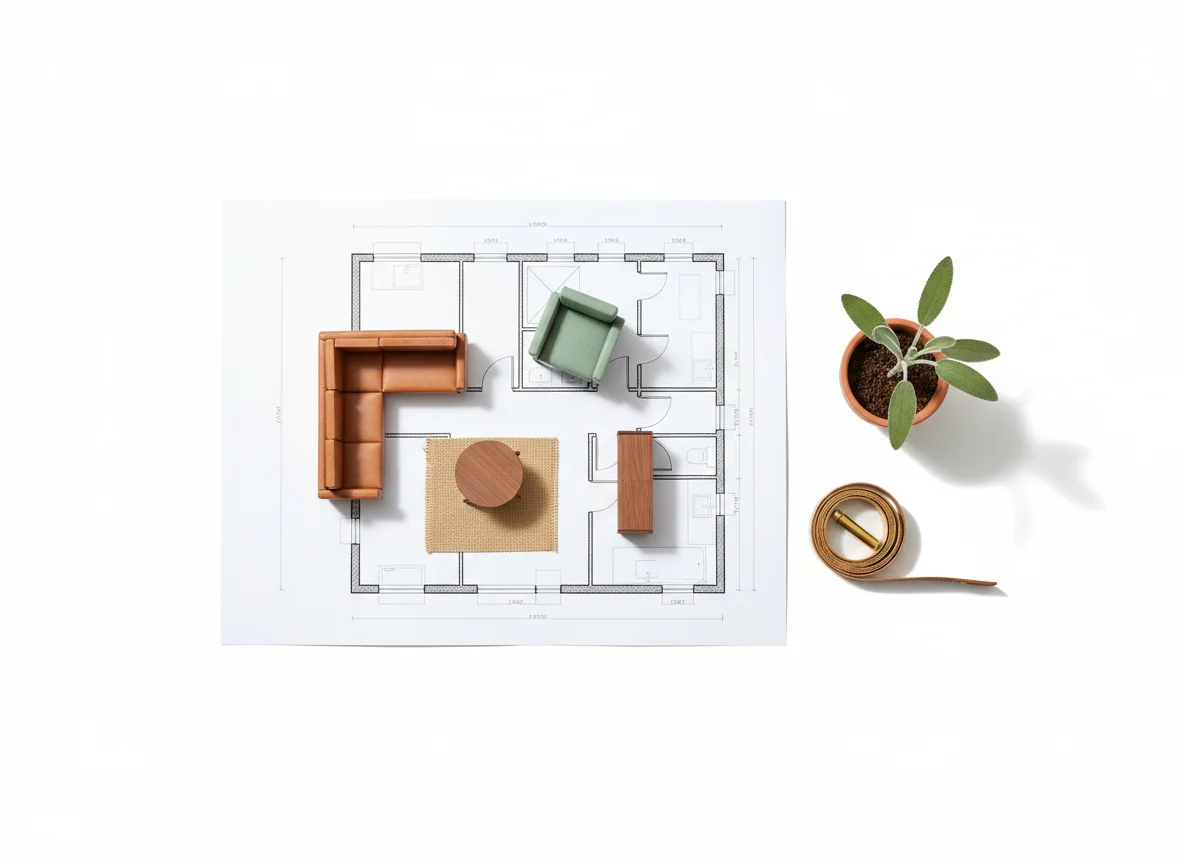 A neat editorial top-down view on a pure white background — a printed floor plan with five small to-scale paper furniture cutouts laid on top (sectional sofa in cognac leather, walnut coffee table, sage armchair, a small rug, a dresser), with a brass tape measure and a single sage stem in a small terracotta clay pot to the side — illustrating to-scale furniture-fit testing on an AI-generated floor plan.