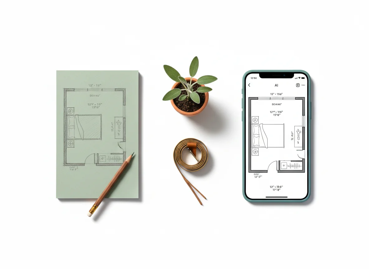 A clean editorial split composition on a pure white studio background — left side a hand-drawn pencil sketch of a bedroom floor plan on a sage-tinted notepad with a walnut wooden pencil; right side a smartphone displaying the same floor plan converted into a tidy black-and-white AI-generated top-down plan with a brass measuring tape and a small terracotta clay pot with a sage stem nearby — illustrating sketch-to-plan and photo-to-plan as two paths to the same output.