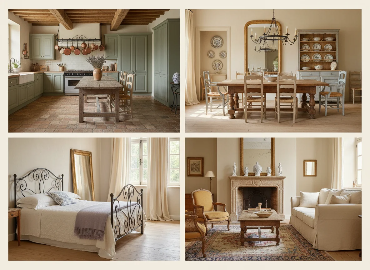 A clean 4-up editorial grid showing four AI-rendered French country rooms side-by-side — top-left a working country kitchen with sage-painted cabinetry, a copper batterie de cuisine above the stove, a long oak trestle table, terracotta tile floor, and a clay pitcher of dried lavender; top-right a softly formal dining room with a carved oak rectangular table, mismatched ladder-back rush-seated chairs and two painted faded-blue end chairs, a low wrought-iron candle chandelier, a vaisselier carrying hand-painted faïence, and a gilt mirror; bottom-left a romantic bedroom with a curling wrought-iron bed, layered cream linen and quilted matelassé bedding, a soft toile cushion, an antique gilt-framed mirror leaning against the wall, and a small ochre bergère armchair by the window; bottom-right a warm living room with a slipcovered cream linen sofa, a caned bergère armchair in faded ochre, a waxed reclaimed-elm coffee table, a faded Persian rug, a stone fireplace surround with an oversized gilt mirror above and a cluster of porcelain on the mantel — illustrating French country by room.