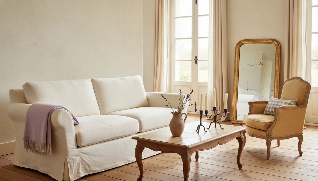 A photoreal AI-rendered French country living room with limewashed cream plaster walls, a wide-plank distressed oak floor, a curved bergère armchair upholstered in soft ochre linen, a low coffee table in waxed reclaimed elm with carved cabriole legs, a wrought-iron candelabra holding ivory tapers, a soft lavender-toned wool throw on a slipcovered cream linen sofa, a small toile de Jouy cushion in faded cornflower blue, a clay pitcher with a single sprig of dried lavender, an aged gilt mirror leaning against the wall, and warm afternoon light streaming through linen-curtained French doors — illustrating an AI French country interior design generated from a single phone photo.