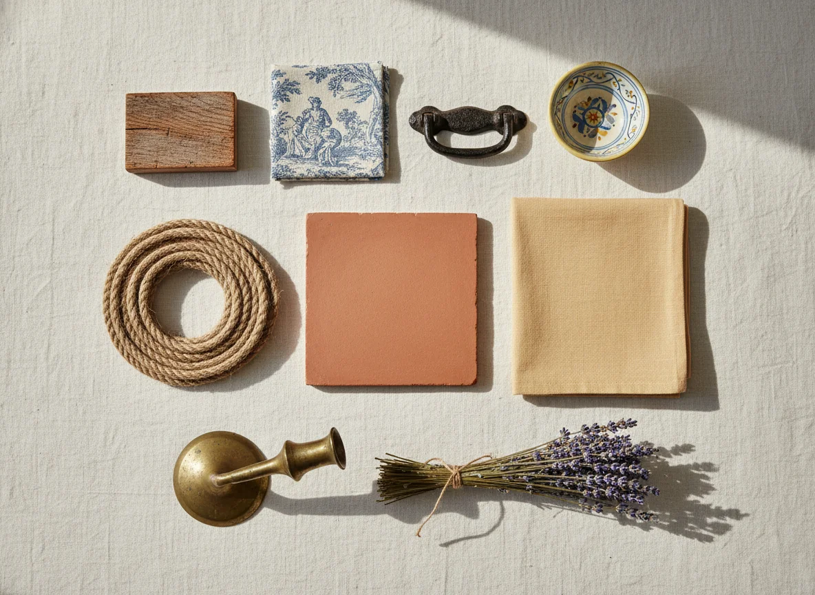 A clean editorial flat-lay showing the French country material palette laid out on a sun-bleached cream linen background — a small slab of waxed reclaimed oak with visible saw marks, a square of faded cornflower toile de Jouy printed linen, a coil of natural undyed jute rope, a folded sheet of pale ochre Provençal linen, a smooth honed terracotta tile in warm clay tone, a wrought-iron drawer pull with aged black finish, a small hand-painted faïence bowl with soft blue and yellow Provençal pattern, a worn aged-brass candlestick, and a tied bundle of dried lavender sprigs — illustrating the warm, sun-faded material vocabulary that defines French country interior design.