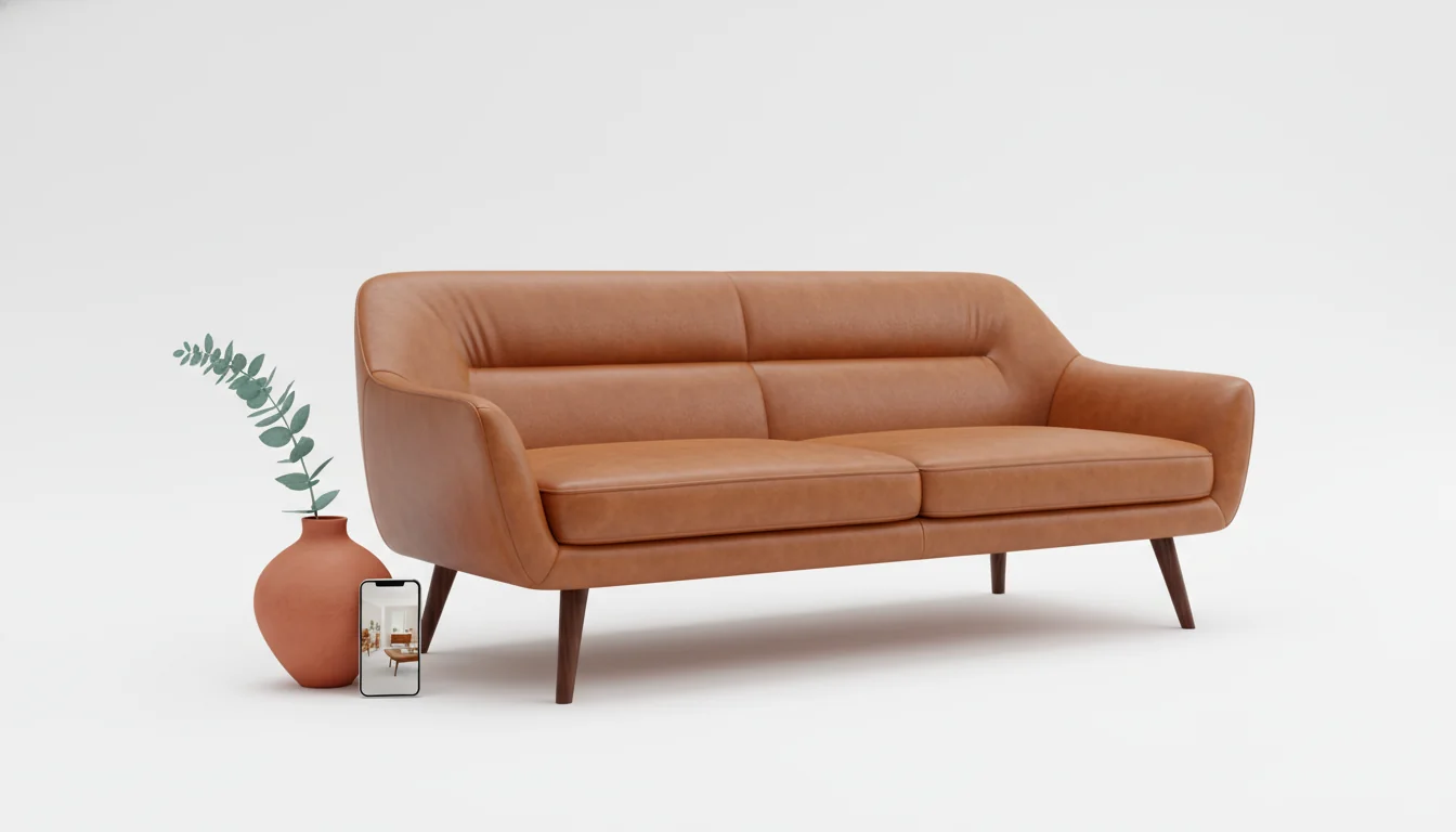 A cognac leather mid-century sofa staged on a clean white studio backdrop beside a smartphone showing a small interior render thumbnail — the link AI furniture matching makes between a generated design and a piece you can actually buy.