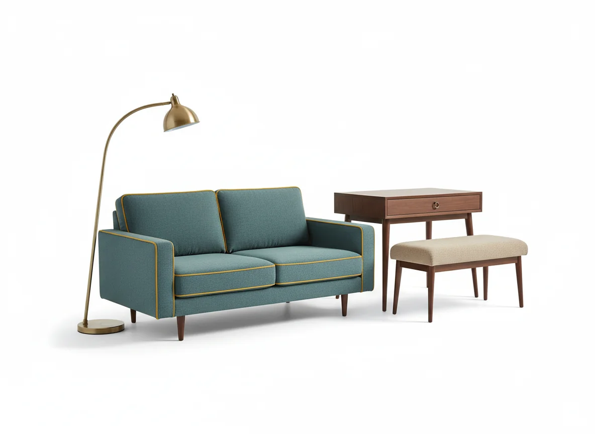 A capsule of small-space-friendly furniture on a white studio backdrop — a slim teal loveseat, a 24-inch-deep walnut writing desk, a compact upholstered bench, and a slender brass arc lamp — pieces filtered specifically for tight rooms.