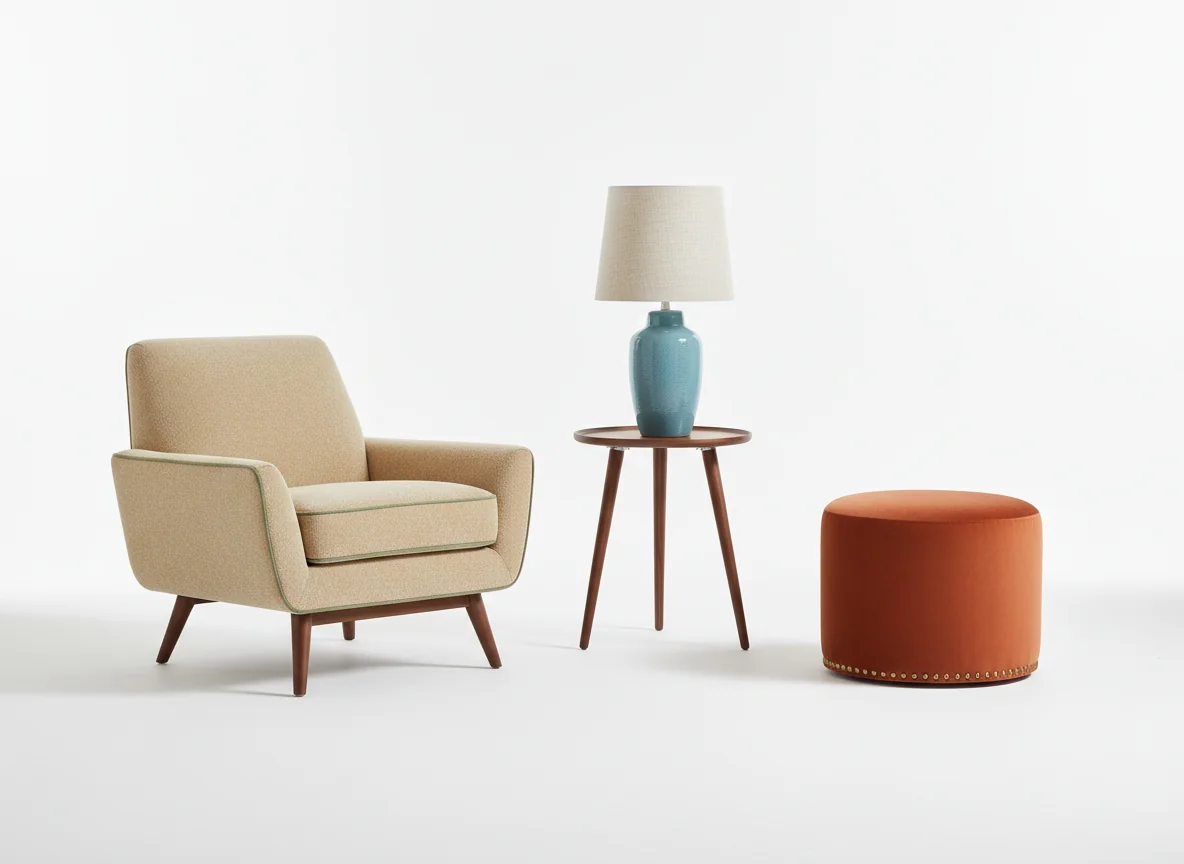 A coordinated trio of matched furniture pieces on a white studio backdrop — an oatmeal boucle armchair with sage trim, a slim walnut side table with a cool cerulean lamp, and a burnt sienna ottoman — illustrating style consistency across pieces returned by AI furniture matching.
