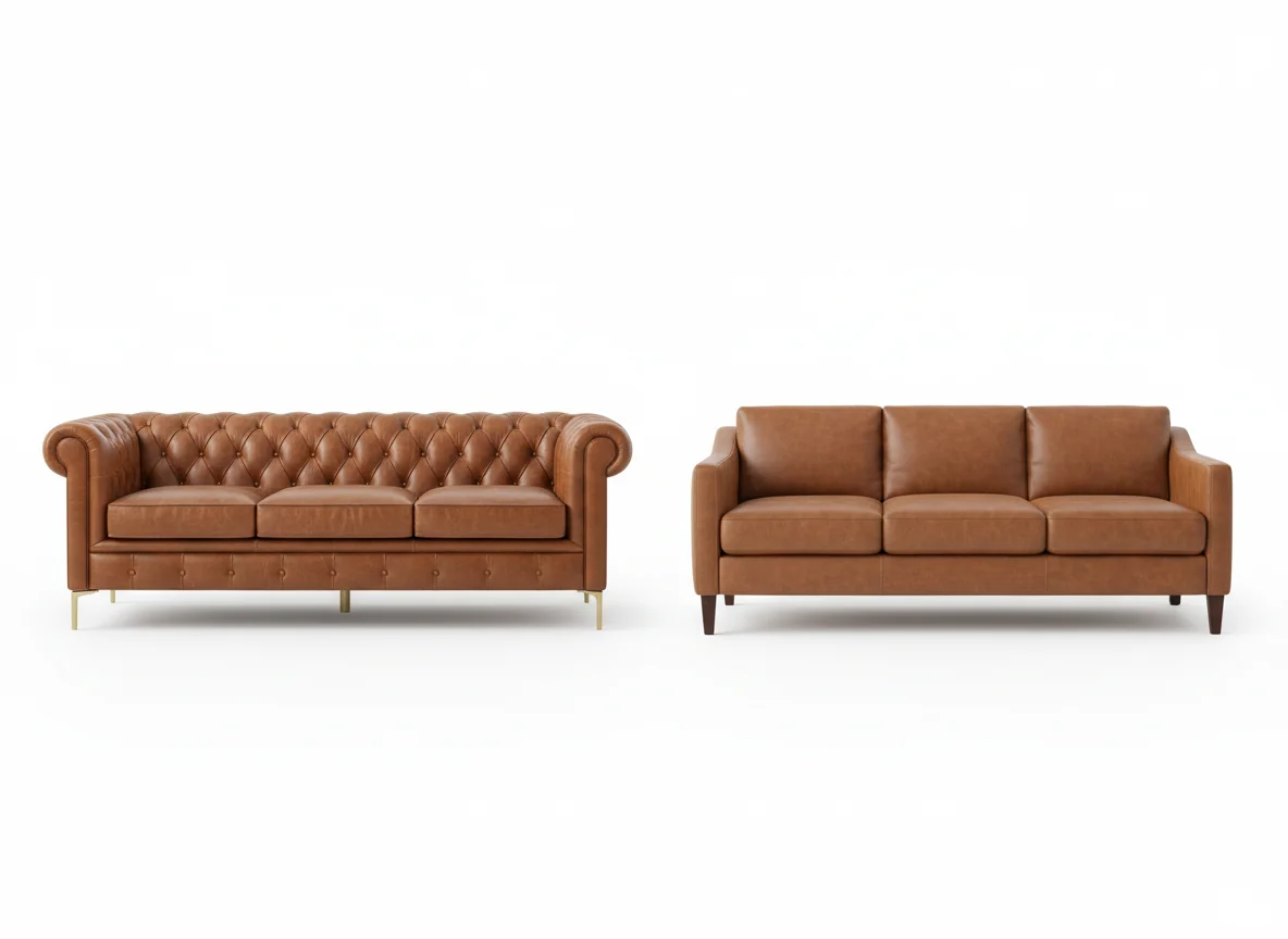 Two visually similar cognac sofas displayed side-by-side on a white studio backdrop — the original tufted leather version next to a closely matched vegan-leather alternative — illustrating substitute matching when the exact piece is unavailable.