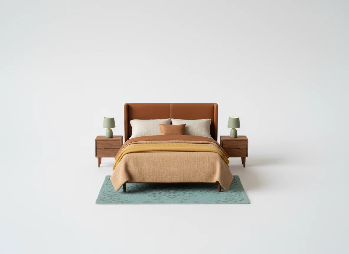 A miniature scaled bedroom model with a centered bed, matching nightstands, and a folded throw, illustrating the symmetry rules AI enforces.