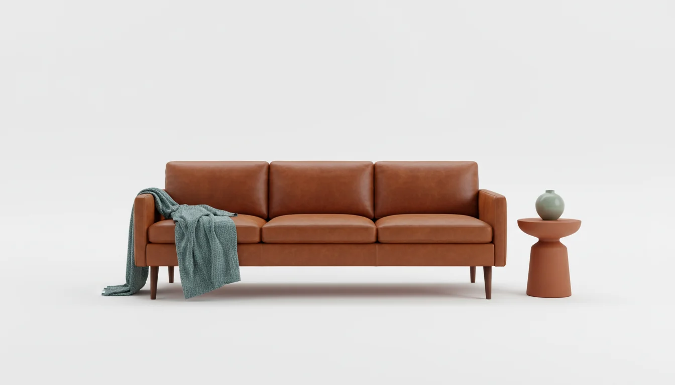 Mid-century sofa in cognac leather staged on a clean white studio backdrop, the kind of subject AI furniture placement tools render on top of your real room photo.