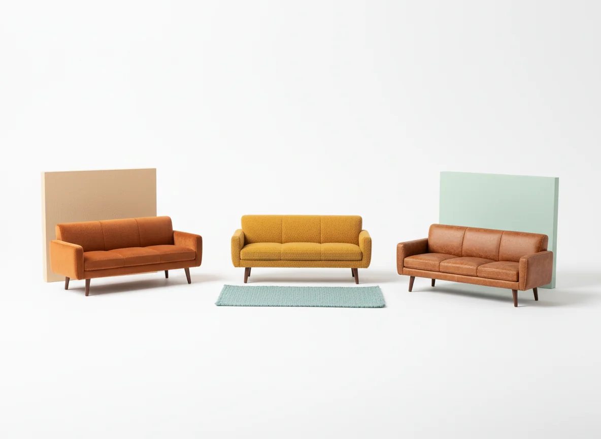 Three small sofa miniatures staged side by side on a white studio backdrop — one centered on a rug, one floating in front of a partial wall, one pushed against a pale wall fragment — showing the three placement archetypes.