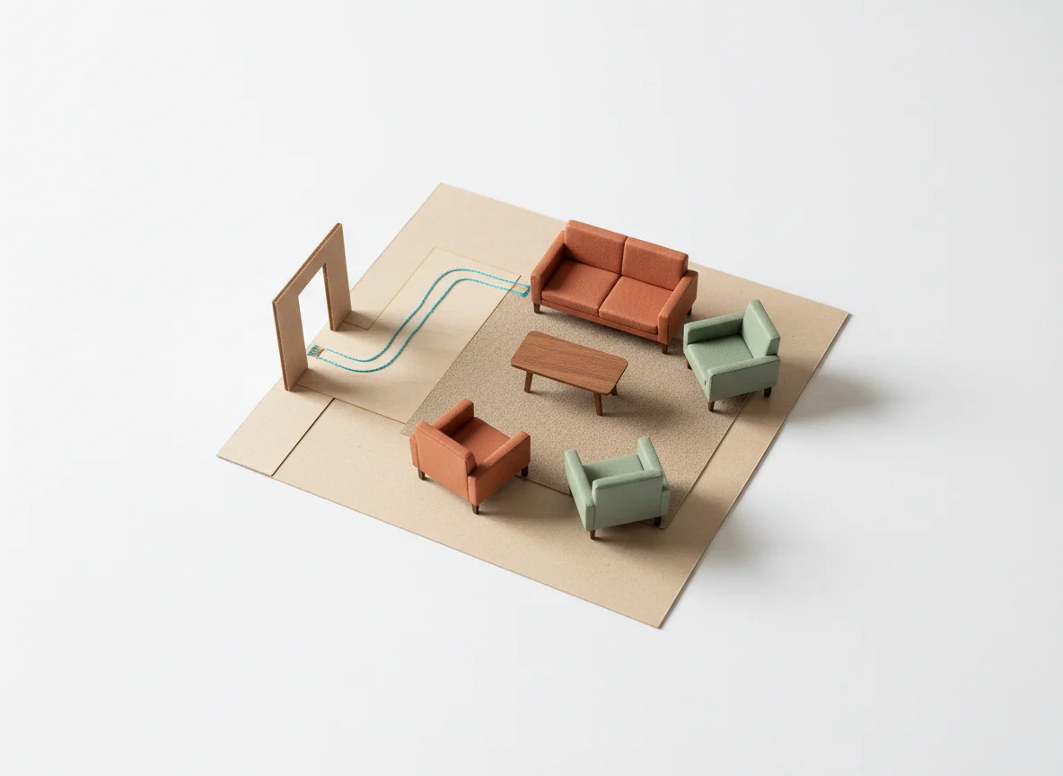 A miniature top-down room model showing furniture pieces arranged around a clear walking path traced in cool string, illustrating how AI traces traffic flow.
