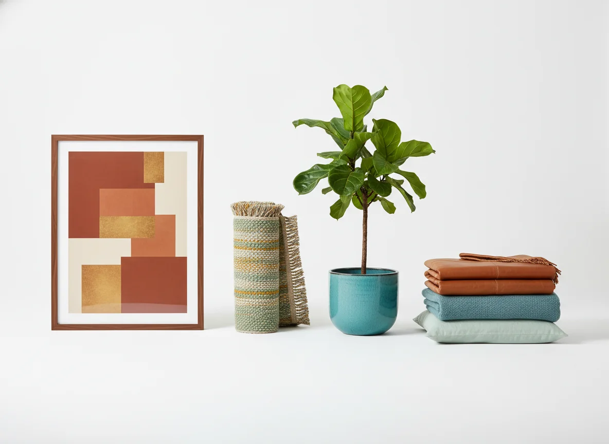 A coordinated decor capsule on a white studio backdrop showing the four anchors — a framed terracotta-and-walnut art print, a rolled oatmeal-and-mustard handwoven rug, a healthy fiddle leaf fig in a cool-cerulean ceramic pot, and a folded stack of cognac, dusty turquoise, and pale seafoam textiles — illustrating how art, rugs, plants, and textiles work together as a system.