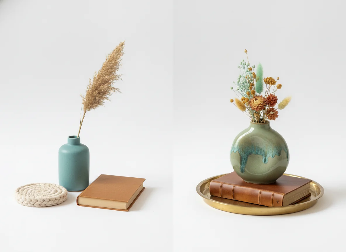Two visually similar tabletop vignettes side by side on a clean white studio backdrop — a budget version with a simple dusty-turquoise ceramic vase, dried pampas stem, oatmeal woven coaster, and a cognac paperback, next to a splurge version with a hand-thrown sage stoneware vase, a small fresh floral arrangement, a brass tray with warm gold patina, and a leather-bound walnut book — illustrating how an AI home decor recommender splits results into budget and splurge tiers.
