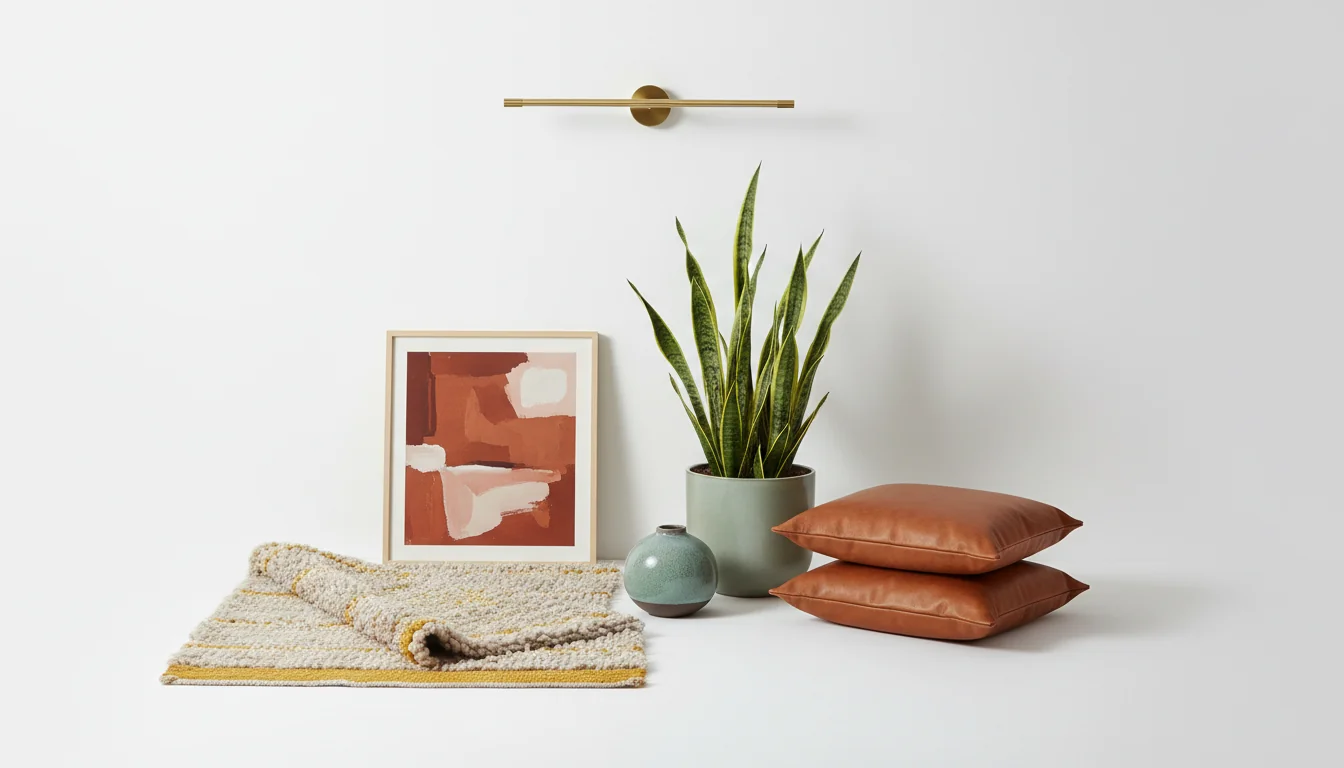 A coordinated capsule of home decor — framed terracotta art print, oatmeal-and-mustard handwoven rug, sage ceramic planter with snake plant, stacked cognac leather cushions, dusty turquoise vase, and a slim brass picture light — arranged on a clean white studio backdrop, the kind of curated set an AI home decor recommender returns to finish a redesigned room.