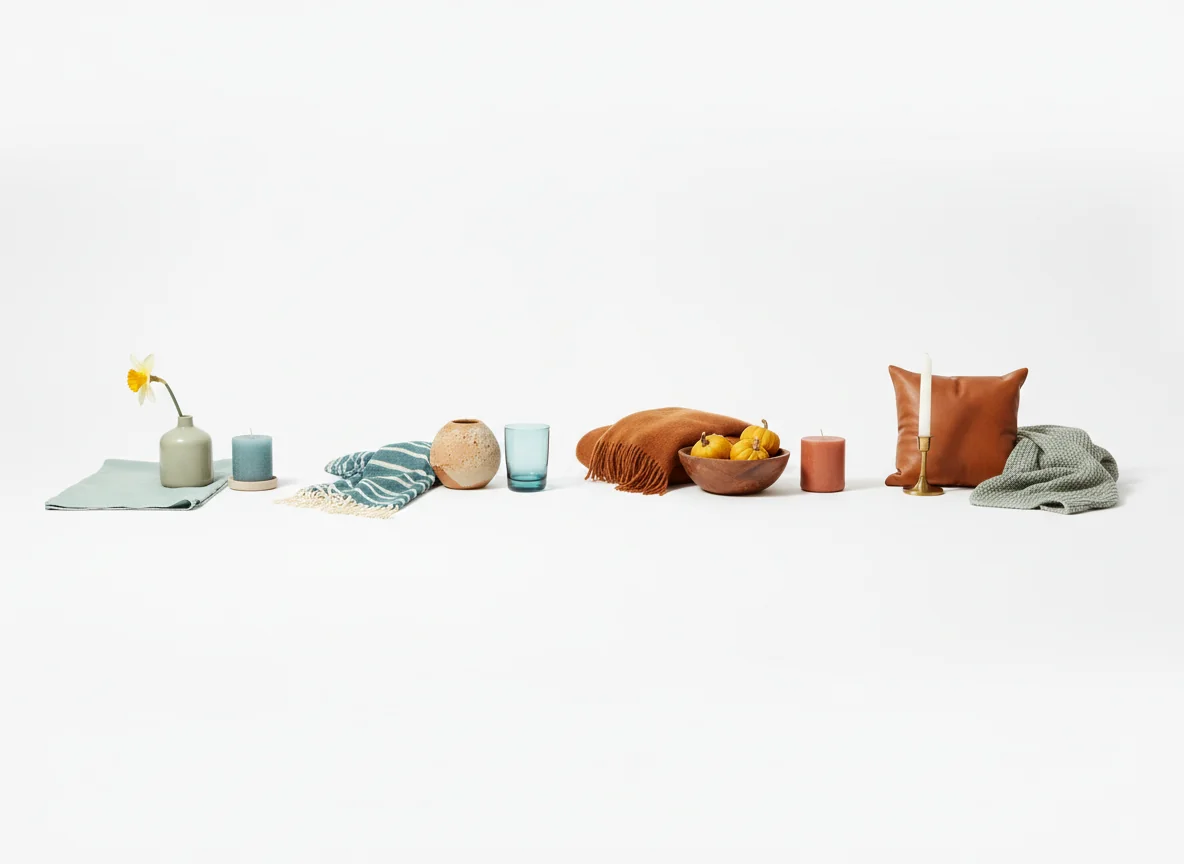 Four small seasonal decor capsules in a row on a clean white studio backdrop — a spring grouping of pale seafoam linen, sage ceramic bud vase with daffodil, and a dusty turquoise candle; a summer grouping with a muted teal striped beach throw, oatmeal pottery, and a cool cerulean glass tumbler; an autumn grouping with a burnt sienna wool throw, walnut wooden bowl with mustard pumpkins, and a terracotta candle; a winter grouping with a cognac leather pillow, brass candleholder, and a sage knit blanket — illustrating an AI home decor recommender's seasonal refresh suggestions.