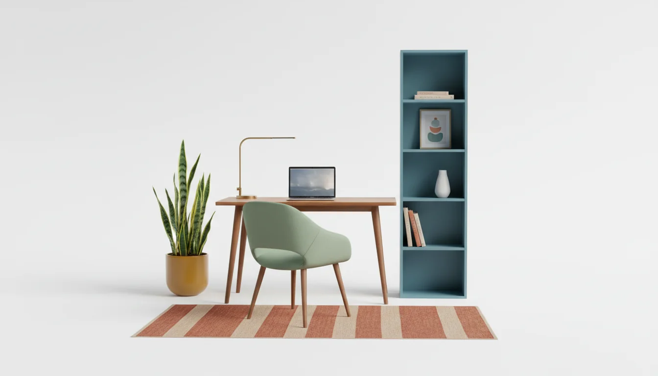Compact home office with a warm walnut desk, sage upholstered task chair, terracotta accent rug, cool cerulean shelving, and a single brass swing-arm lamp, isolated on a pure white studio background